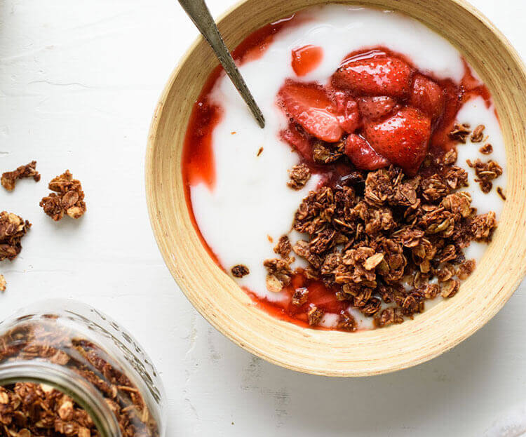 Chocolate-Coconut Granola with Vegan Yogurt and Roasted Strawberries