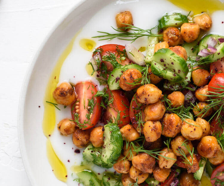 Yogurt Bowl with Chickpeas, Cucumbers, Tomatoes, and Dill