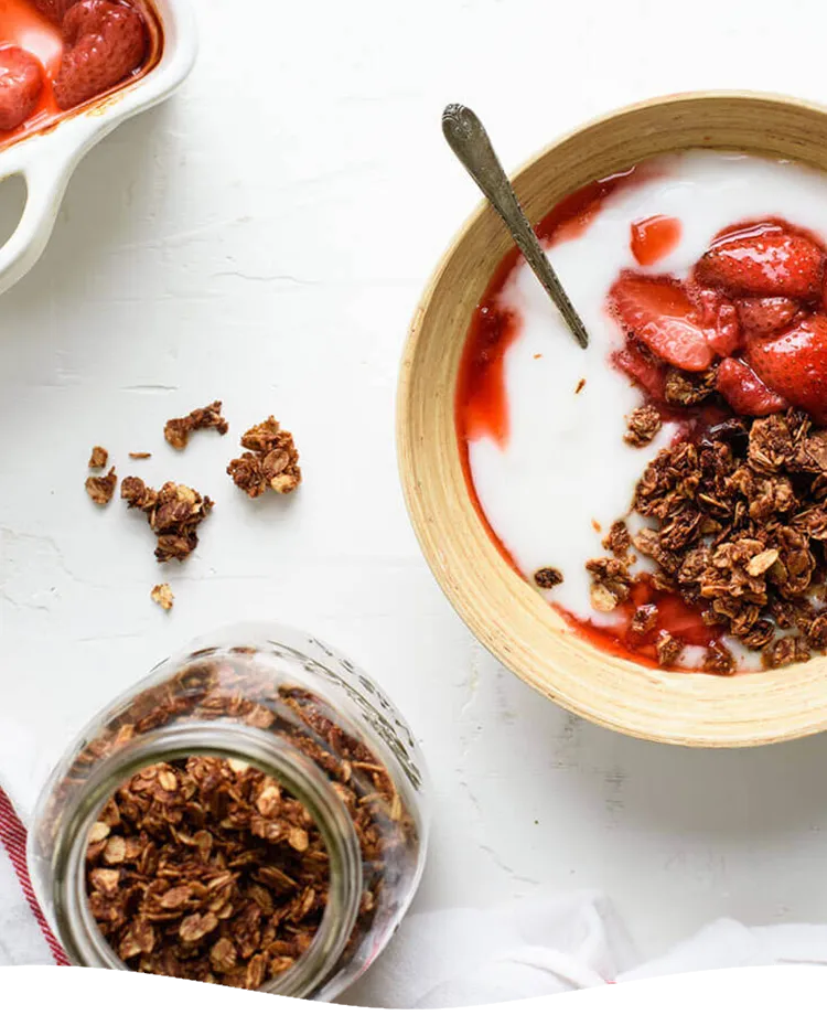Chocolate-Coconut Granola with Vegan Yogurt and Roasted Strawberries