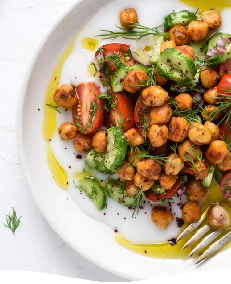 Yogurt Bowl with Chickpeas, Cucumbers, Tomatoes, and Dill